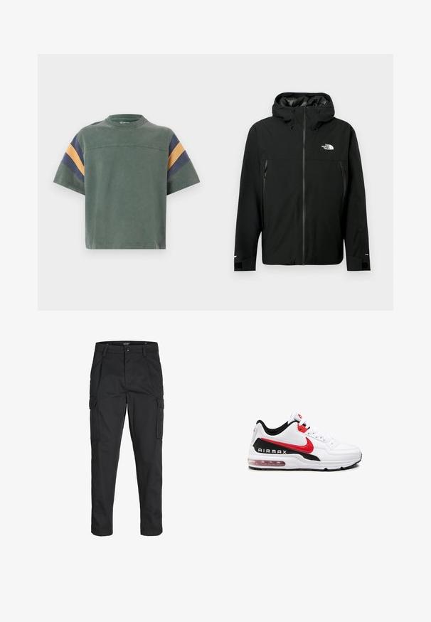 Czarna kurtka z kapturem, z zamkiem z przodu, dwiema zapinanymi na zamek kieszeniami po bokach, regulowanymi mankietami oraz logotypem na piersi. Gładka tekstura i materiał wodoodporny.; Zielona bawełniana koszulka z krótkimi rękawami, z granatowymi i musztardowymi paskami na ramionach oraz prostym okrągłym dekoltem.; Czarne spodnie cargo wykonane z wytrzymałego materiału, z wieloma kieszeniami, zapięciem na guzik oraz zwężanym krojem nogawek.; Białe buty sportowe z czarnymi i czerwonymi akcentami, z gładką skórzaną cholewką, sznurowanym przodem i widoczną poduszką powietrzną w podeszwie.