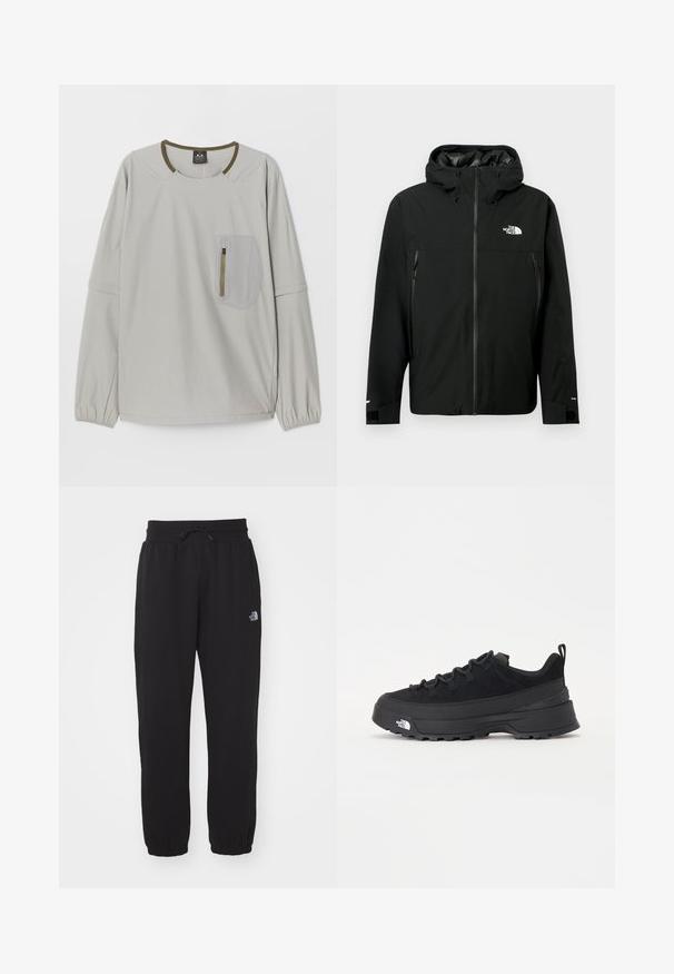 Black hooded jacket with zip front, two zippered side pockets, adjustable cuffs, and a logo on the chest. Smooth texture and waterproof material.; Light gray long-sleeve top with round neckline, elastic cuffs, and a textured patch pocket featuring a zipper on the front.; Black sweatpants made of soft fabric, featuring an elastic waistband with drawstring, cuffed ankles, and a small logo on the upper thigh.; Black outdoor sneaker with a suede upper, textured rubber sole, and sturdy lacing system. Features a reinforced heel and brand logo on the side.