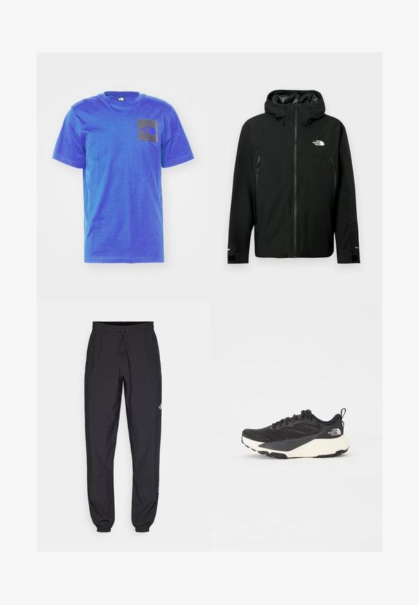 Czarna kurtka z kapturem, z zamkiem z przodu, dwiema zapinanymi na zamek kieszeniami po bokach, regulowanymi mankietami oraz logotypem na piersi. Gładka tekstura i materiał wodoodporny.; The North Face - T-shirt z nadrukiem; Czarne spodenki sportowe wykonane z lekkiego materiału, z elastycznym pasem na sznurek, bocznymi kieszeniami i zwężanymi mankietami przy kostkach.; Czarne buty sportowe z teksturowaną siateczką, solidnymi czarnymi akcentami i białą, lekką podeszwą. Posiadają zapięcie na sznurówki i uchwyt do zakładania.