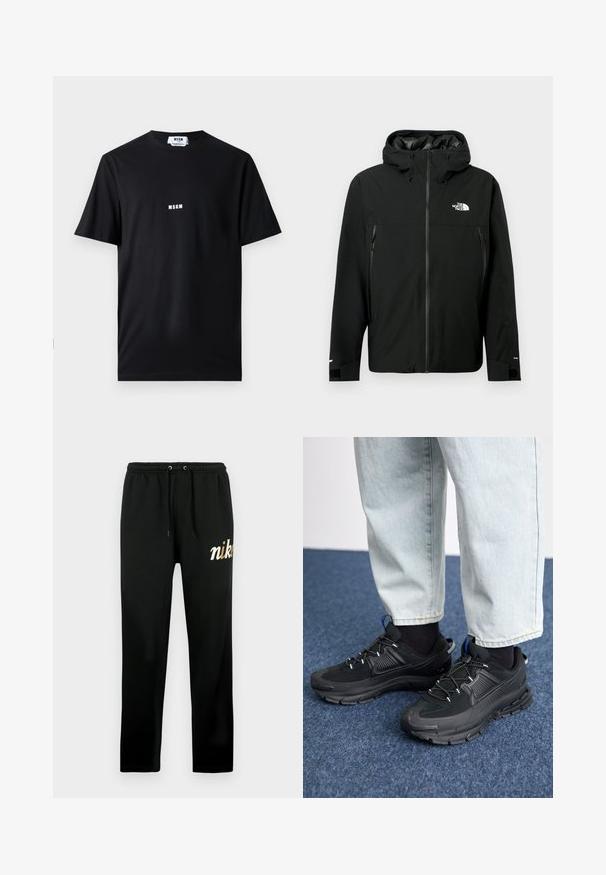 Black hooded jacket with zip front, two zippered side pockets, adjustable cuffs, and a logo on the chest. Smooth texture and waterproof material.; Black cotton t-shirt featuring a crew neck and short sleeves. Front displays white "MSGM" logo centered. Smooth texture, standard fit.; Black sweatpants made of soft fabric, featuring an elastic waistband with drawstrings, tapered legs, and a gold embroidered "nike" logo.; Black athletic shoes with textured fabric and rubber soles, featuring elastic laces and a blue accent on the heel. Worn with light denim pants.