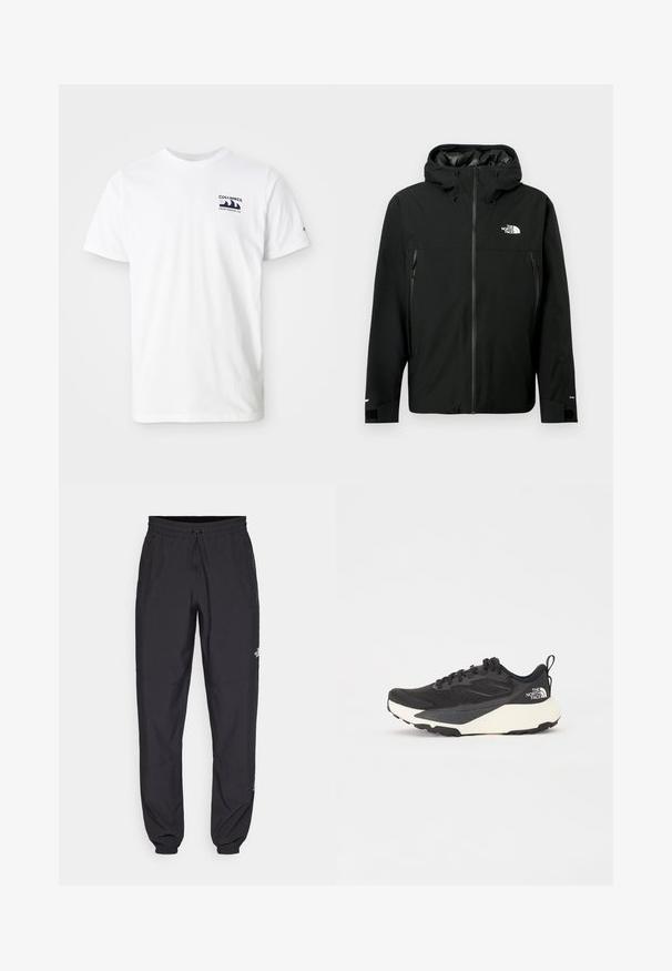 Crna kapuljača jakna s prednim zatvaračem, dva bočna džepa sa zatvaračem, podešavajuće manžete i logo na prsima. Glatka tekstura i vodootporan materijal.; Bijela pamučna majica s kratkim rukavima. Ima mornarsko plavi logo na lijevoj strani prsnog koša. Jednostavni dizajn s okruglim izrezom, glatka tekstura.; Crne sportske hlače od lagane tkanine, s pojasom na vezanje, bočnim džepovima i suženim manžetama na gležnjevima.; Crne atletske tenisice s teksturiranim mrežastim gornjim dijelom, solidnim crnim detaljima i laganom bijelom potplatom. Sadrži vezanje čipkom i trakicu za povlačenje.