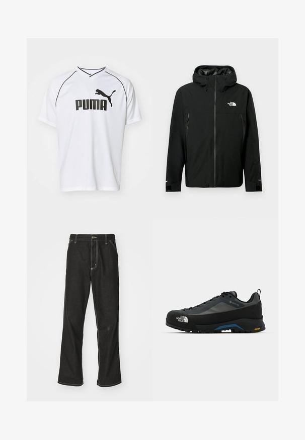 Melna kapuce jaka ar rāvējslēdzēju priekšpusē, divām sānu kabatām ar rāvējslēdzējiem, regulējamiem aproces galiem un logotipu uz krūšu. Gluda tekstūra un ūdensizturīgs materiāls.; Balsvieta īsu piedurkņu sporta krekls, kas izgatavots no elpojoša materiāla. Iezīmējas ar melniem akcentiem un izteiksmīgu melnu PUMA logo priekšpusē.; Melni džinsi ar brīvu piegriezumu, ar kontrastējošu baltu diegu, pogu aizdari un taisnu kāju dizainu.; The North Face VERTO ALPINE GORE TEX - Pārgājienu apavi - asphalt grey/tnf black