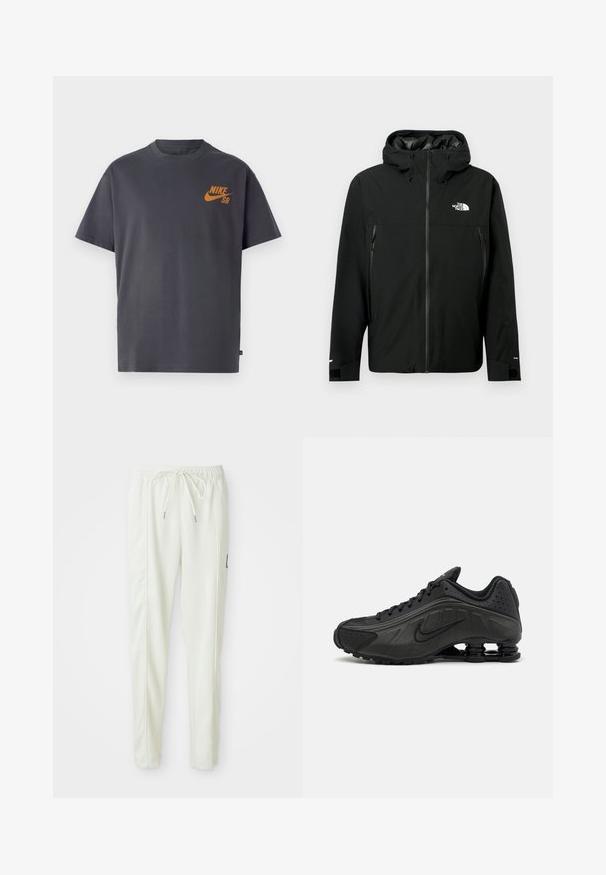 Μαύρο φούτερ με κουκούλα, με φερμουάρ μπροστά, δύο φερμουάρ πλευρικές τσέπες, ρυθμιζόμενους καρπούς και λογότυπο στο στήθος. Απαλή υφή και αδιάβροχο υλικό.; Γκρι κοντομάνικο μπλουζάκι φτιαγμένο από βαμβάκι. Διαθέτει πορτοκαλί λογότυπο Nike SB στο αριστερό στήθος. Σχεδίαση με λαιμό crew και χαλαρή εφαρμογή.; Λευκά εφαρμοστά jogger παντελόνια με ελαστική μέση και κορδόνι, που διαθέτουν πλαινά ραφάκια και μία μικρή μαύρη πατίνα στο δεξί πόδι.; Μαύρα αθλητικά παπούτσια με λείο συνθετικό άνω μέρος, διάτρητες λεπτομέρειες, υφή στις πλευρές και ξεχωριστή ελαστική σόλα.