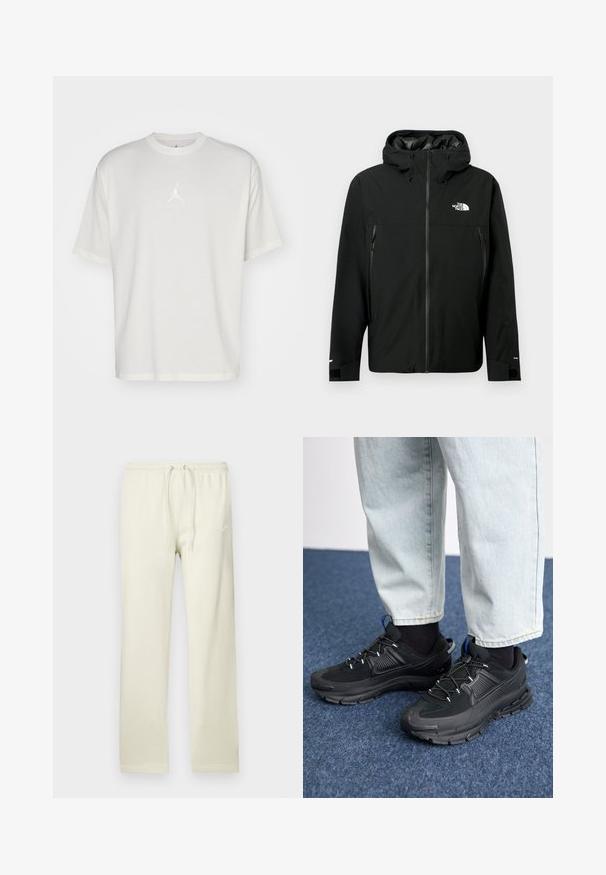 Black hooded jacket with zip front, two zippered side pockets, adjustable cuffs, and a logo on the chest. Smooth texture and waterproof material.; White cotton t-shirt with a round neckline, short sleeves, and a small embroidered logo in the center. Loose-fit design with minimal stitching.; Light beige sweatpants with a drawstring waist, made of soft material. Features a subtle Nike logo in white on the left thigh.; Black athletic shoes with textured fabric and rubber soles, featuring elastic laces and a blue accent on the heel. Worn with light denim pants.