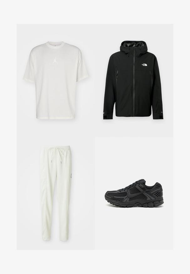 Crna kapuljača jakna s prednim zatvaračem, dva bočna džepa sa zatvaračem, podešavajuće manžete i logo na prsima. Glatka tekstura i vodootporan materijal.; Bijela pamučna majica s okruglim izrezom, kratkim rukavima i malim vezom logom u središtu. Opusti kroj s minimalnim šavovima.; Bijele uske sportske hlače s elastičnim pojasom i vezicom, s bočnim šavovima i malim crnim logotipom na desnoj nozi.; Crne atletske cipele s gornjištem od mrežice, gumenim potplatom i teksturiranim detaljima. Dizajn uključuje izražen sustav vezivanja i podstavljen potplat.