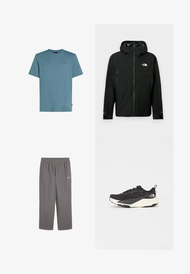 Musta huppari takki, jossa on vetoketju edessä, kaksi vetoketjullista sivutaskua, säädettävät hihansuut ja logo rinnassa. Sileä pinta ja vedenpitävä materiaali.; Vaaleansininen puuvillat-paita, jossa on pyöreä kaula-aukko, lyhyet hihat ja pieni logo painettuna tummemmassa sävyssä rinnassa.; Harmaat urheiluhaalarit, joissa on joustava vyötärö, valmistettu kevyestä kankaasta. Vasemmassa jalassa on pieni valkoinen logo.; Musta urheilujuoksukenkä, jossa on teksturoitu verkkomateriaali, kiinteät mustat yksityiskohdat ja valkoinen kevyt ulkopohja. Varustettu nauhakiinnityksellä ja vetonipulla.