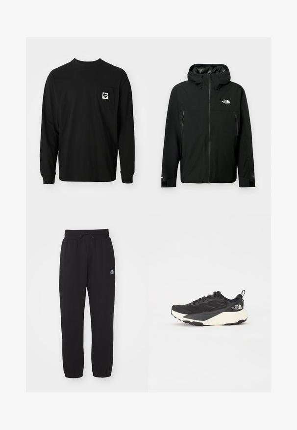 Czarna kurtka z kapturem, z zamkiem z przodu, dwiema zapinanymi na zamek kieszeniami po bokach, regulowanymi mankietami oraz logotypem na piersi. Gładka tekstura i materiał wodoodporny.; Czarna bawełniana koszulka z długim rękawem, z okrągłym dekoltem i kieszonką na piersi z logo serca oraz napisem.; Czarne dresy wykonane z miękkiego materiału, z elastycznym pasem w talii ze sznurkiem, zakończeniami w mankiety i małym logo na górnej części uda.; Czarne buty sportowe z teksturowaną siateczką, solidnymi czarnymi akcentami i białą, lekką podeszwą. Posiadają zapięcie na sznurówki i uchwyt do zakładania.