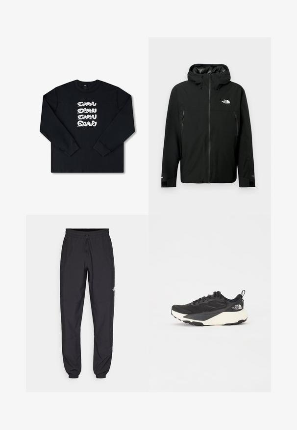 Černá kapucí s zipem vpředu, dvě boční kapsy na zip, nastavitelné manžety a logo na hrudi. Hladký povrch a voděodolný materiál.; Černá mikina s dlouhým rukávem, která má na přední straně bílé opakující se grafické logo v stylizovaném písmu. Vyrobena z měkké látky.; Černé sportovní kalhoty vyrobené z lehké tkaniny, s páskem na šňůrku, bočními kapsami a zúženými manžetami na kotnících.; Černá sportovní bota s texturovaným síťovaným svrškem, solidními černými akcenty a bílou lehkou podrážkou. Vybavena šněrováním a poutkem.