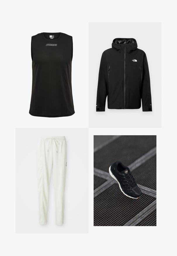 Juodas gobtuvą turintis džemperis su užtrauktuku priekyje, dviem užtrauktukais uždaromomis šoninėmis kišenėmis, reguliuojamais rankogaliais ir logotipu ant krūtinės. Lygi tekstūra ir vandeniui atspari medžiaga.; Juodas be rankovių sportinis marškinėlis, pagamintas iš minkštos, kvėpuojančios medžiagos. Turi apvalų iškirpimą ir baltą siuvinėtą "HUMMEL" logotipą.; Baltos lieknos jogger kelnes su elastinga juosta ir raišteliu, turinčios šonines siūles ir mažą juodą emblemą dešinėje kojoje.; Juodas Nike bėgimo batelis su tekstūruotu tinklo viršumi, guminėmis ilgomis ir subtiliais auksiniais akcentais. Yra raiščių dizainas ir paminkštinta pado dalis.