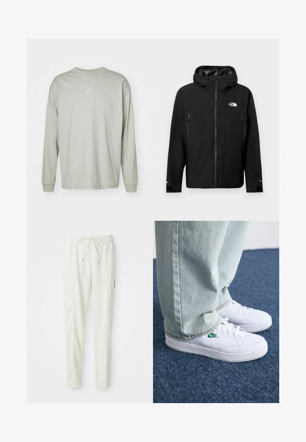 Fekete kapucnis dzseki cipzárral az elején, két cipzáras oldalzsebbel, állítható mandzsettákkal és logóval a mellrészen. Sima textúrájú és vízálló anyagú.; Hosszú ujjú, világosszürke pamut póló. Kerek nyakkivágással és kis fehér Nike logóval a mellrészen. Sima textúra és laza dizájn.; Fehér, slim fit szabású sportnadrág, elasztikus derékkal és húzózsinórral, oldalsó varrás részletekkel és egy kis fekete folttal a jobb lábon.; Fehér bőr sportcipők zöld Nike logóval, kerek orral, lapos talppal, világoskék farmernadrággal párosítva, kék szőnyegen bemutatva.