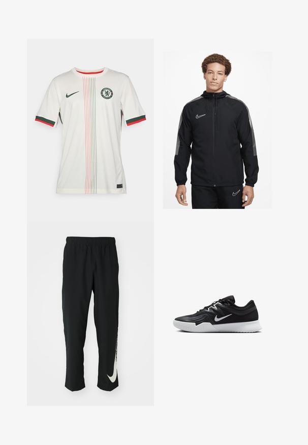 Nike Performance Vindjacka - black black white white; Vit fotbollströja med korta ärmar, gröna och röda detaljer på ärmsluten och kragen, mittens emblem samt vertikala färgstripes. Nike-logga närvarande.; Svarta träningsbyxor med elastisk midja, avsmalnande design, med en stor vit Nike-logotyp på vänster ben. Mjuk, lättviktig tyg.; Svarta träningsskor med en texturerad ovandel, vit Nike-logga och en vit gummisula. Har snörningsdesign och en dynamisk form.