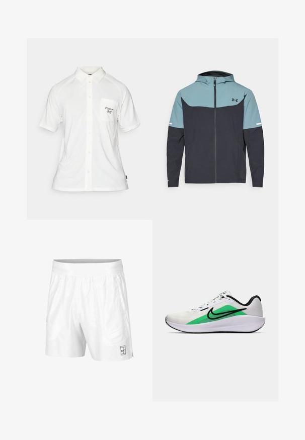 Kapotová bunda s svetlomodrou hornou časťou a tmavo námorníckou dolnou časťou. Vyrobená z ľahkej tkaniny s predným zipsom a bočnými vreckami.; Biela krátkozrná polo tričko s predným zapínaním na gombíky, textúrovaná látka a ľavé náprsné vrecko s čiernym vyšitým textom.; Biele športové šortky z ľahkej tkaniny s elastickým pásom, obsahujúce dve bočné vrecká a malé čierne logo na leme.; Biela športová obuv s zeleným akcentom, čiernym logom, sieťovaným zvrškom, polstrovanou podrážkou a zaoblenou pätou. Obsahuje šnúrky a kontrastné detaily.