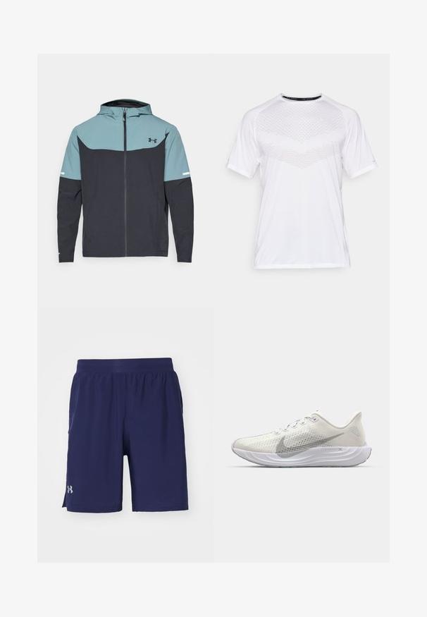 Φόρμα με κουκούλα που διαθέτει ανοιχτό μπλε επάνω τμήμα και σκούρο ναυτικό κάτω τμήμα. Κατασκευασμένη από ελαφρύ ύφασμα με φερμουάρ και πλαϊνές τσέπες.; Λευκό αθλητικό μπλουζάκι κοντό μανίκι με υφή γεωμετρικού μοτίβου στο μπροστινό μέρος, κατασκευασμένο από ελαφρύ ύφασμα, στρογγυλή λαιμόκοψη και άνετη εφαρμογή.; Under Armour LAUNCH - Αθλητικό σορτς - midnight navy; Λευκό αθλητικό παπούτσι με διχτυωτό επάνω μέρος για αναπνοή, υφή στο swoosh, μαξιλαρωτή σόλα και μια διακριτική γκρίζα πινελιά στο πλάι. Ελαφρύ σχέδιο.