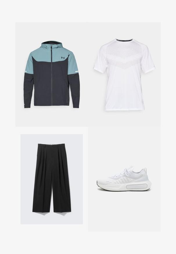 Bunda s kapuco, ki ima svetlo modro zgornjo in temno modro spodnjo sekcijo. Narejena je iz lahkega materiala z zadrgo in stranskimi žepi.; Bela kratka športna majica s kratkimi rokavi z teksturno geometrijsko vzorcem spredaj, izdelana iz lahke tkanine, krožnim ovratnikom in sproščenim prilegom.; Črne široke hlače z nagubami, zapiranjem na gumb in z zankami za pas, razstavljene na nevtralni ozadju.; Bela športna čevlja s teksturirano pletenino, vezanjem na vezalke, blaženim podplatom in značilnim logotipom na strani.