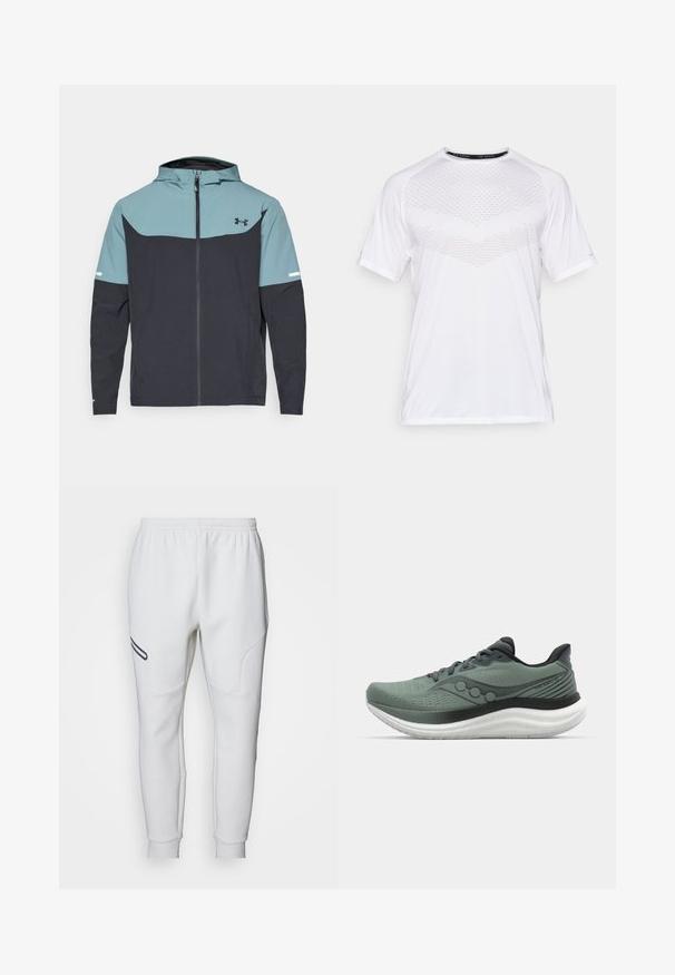 Hettejakke med en lyseblå øverste del og en mørk marineblå nedre del. Laget av lett stoff med glidelås og sidelommer.; Hvit kortermet treningsskjorte med et teksturert geometrisk mønster foran, laget av lett materiale, rund hals og avslappet passform.; Hvite joggebukser med en myk, glatt tekstur. Har buede sidelapper og en svart aksentstripe. Elastisk midjebånd for justerbar passform.; Lys grønne løbesko med en struktureret overdel, grå accenter og en tyk hvid sål, der har et strømlinet design og snørebåndslukning.