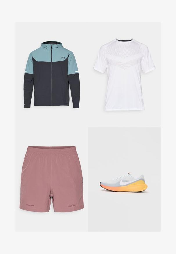 Huppari, jossa on vaaleansininen yläosa ja tummansininen alaosa. Valmistettu kevyestä kankaasta, jossa on vetoketjusuljenta ja sivutaskut.; Valkoinen lyhythihainen urheilupaita, jossa on teksturoitu geometrinen kuvio edessä, valmistettu kevyestä kankaasta, pyöreä pääntie ja rento malli.; Vaaleanpunaiset urheilushortsit, joissa on joustava vyötärö, minimaalinen ompelu ja "PROJECT ROCK" -logo painettuna vasempaan alakulmaan.; Vala valkoinen juoksukengä, jossa on hengittävä verkkouppari. Ominaisuuksia ovat valkoinen swoosh, oranssi ja keltainen välipohja sekä musta ulkopohja pidon takaamiseksi.
