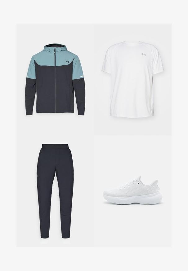 Giacca con cappuccio caratterizzata da una parte superiore azzurro chiaro e una parte inferiore blu navy scuro. Realizzata in tessuto leggero con chiusura a zip e tasche laterali.; Maglietta da ginnastica bianca a maniche corte realizzata in tessuto liscio. Presenta un colletto rotondo e un logo grigio sul lato sinistro del petto, con fessure laterali all'orlo.; Pantaloni sportivi neri con una texture liscia, vestibilità slim, vita elastica e tasche laterali. Presentano un piccolo logo sulla coscia sinistra.; Scarpa da ginnastica bianca con tomaia in rete testurizzata, punta arrotondata e suola ammortizzata. Presenta accenti tonali e chiusura con lacci.