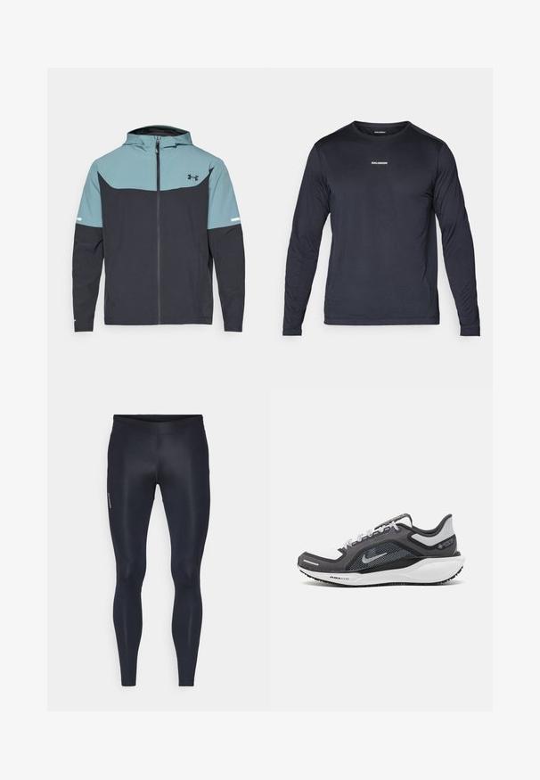 Veste à capuche avec une partie supérieure bleu clair et une partie inférieure bleu marine. Fabriquée en tissu léger avec une fermeture éclair et des poches latérales.; T-shirt de sport à manches longues, bleu marine, en tissu léger et respirant, avec une finition texturée et un petit logo blanc sur la poitrine.; Leggings en tissu léger et extensible de couleur noire unie. Présentent une surface lisse, un design ajusté et une taille élastique.; Baskets de sport noires et grises avec un empeigne en maille, des accents réfléchissants et un intermédiaire blanc. Comprend une semelle extérieure en caoutchouc texturé et des lacets.