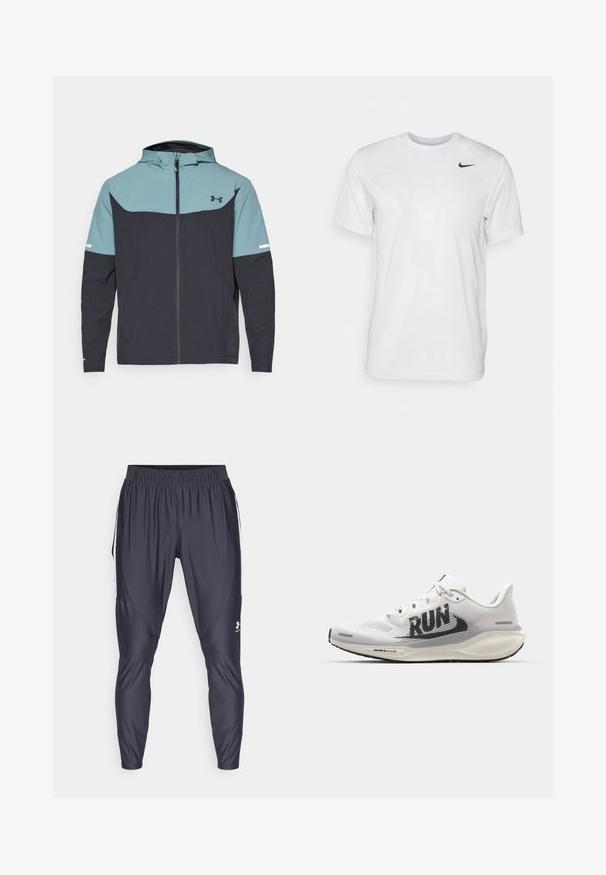 Bunda s kapuco, ki ima svetlo modro zgornjo in temno modro spodnjo sekcijo. Narejena je iz lahkega materiala z zadrgo in stranskimi žepi.; Bela kratka majica s kratkimi rokavi, izdelana iz gladkega materiala. Ima okroglo ovratnico in majhen črn Nike logotip na levi prsni strani.; Črne športne hlače iz lahko in gladko tkanino. Imajo elastičen pas, zožane noge in bele bočne črte. Logo blizu roba.; Bela tekaška obutev z mrežastim zgornjim delom, velikim črnim napisom "RUN", svetlo sivo obrobo in oblazinjenim podplatom z blagovno znamko "AIR 200M".