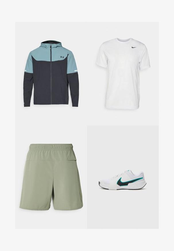 Casaco com capuz, apresentando uma parte superior azul clara e uma parte inferior azul marinho escura. Feito de tecido leve, com fecho de correr e bolsos laterais.; T-shirt branca de mangas curtas feita de tecido suave. Apresenta um decote redondo e um pequeno logótipo da Nike em preto no lado esquerdo do peito.; Nike Performance UNLIMITED - Calções desportivos - dark stucco; Tênis atlético branco com parte superior em malha texturizada, solado de borracha preta e detalhe em swoosh Nike teal. Apresenta cadarços e colarinho acolchoado.