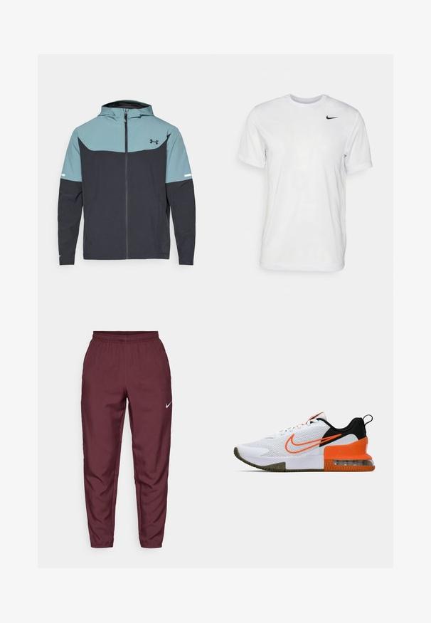 Kapucnis dzseki, amelynek világoskék felső része és sötétkék alsó része van. Könnyű anyagból készült, cipzáros záródással és oldalsó zsebekkel.; Fehér, rövid ujjú póló, sima anyagból készült. Kerek nyakkivágással és egy kis fekete Nike logóval rendelkezik a bal mellen.; Burgundi Nike tréningnadrág, elasztikus derékkal, tapered lábakkal és ezüst logóval. Könnyű anyagból készült, sima textúrájú és minta nélküli.; Fehér sportcipő, texturált hálós felsőrésszel, fekete és narancssárga részletekkel, vastag gumitalppal és átlátszó levegőpárnával a sarkán.