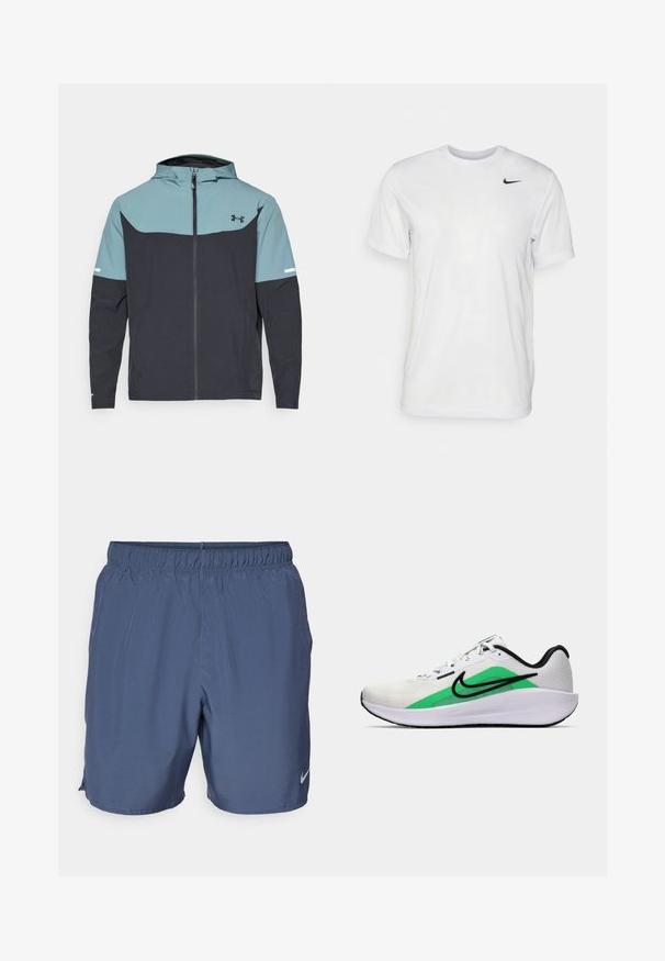 Hettejakke med en lyseblå øverste del og en mørk marineblå nedre del. Laget av lett stoff med glidelås og sidelommer.; Hvit kortermet t-skjorte laget av glatt stoff. Har rund hals og en liten svart Nike-logo på venstre bryst.; Grå Nike-shorts har elastisk midje, lett materiale og sidesplitter for bevegelsesfrihet, med en liten logo på nederste høyre bein.; Hvit atletisk sko med grønt aksent, svart logo, mesh-overdel, polstret såle og rund hæl. Har snøring og kontrastdetaljer.