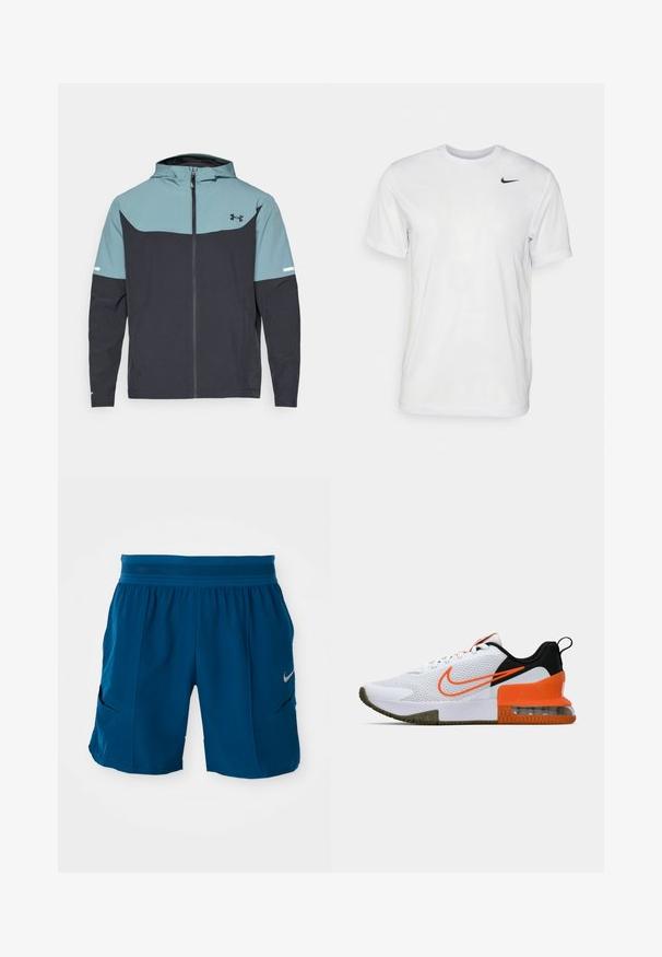 Kapuutšiga jakki, millel on helesinine ülemine osa ja tume laevajöötme alane osa. Valmistatud kergest kangast, millel on lukuga sulgemine ja küljetaskud.; Valge lühikeste varrukatega t-särk, mis on valmistatud siledast kangast. Omab ümmargust kaelust ja väikest musta Nike logo vasakul rinnal.; Sinised sportlikud lühikesed püksid kerge kangaga. Omavad elastset vööd, kahte küljetaskut ja väikest hõbedast logo ees.; Valge sportlik king, millel on tekstuuriga võrkkangas, mustad ja oranžid detailid, paks kummitald ja selge õhukambriga osa kanna juures.
