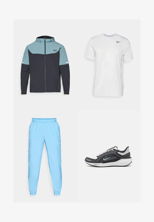 Kapucnis dzseki, amelynek világoskék felső része és sötétkék alsó része van. Könnyű anyagból készült, cipzáros záródással és oldalsó zsebekkel.; Fehér, rövid ujjú póló, sima anyagból készült. Kerek nyakkivágással és egy kis fekete Nike logóval rendelkezik a bal mellen.; Nike Performance FORM PANT - Tréningruha alsók - university blue/black/reflective silver; Fekete és szürke sportcipő, hálós felsőrésszel, fényvisszaverő részletekkel és fehér középtalppal. A talpa texturált gumiból készült, és fűzőkkel rendelkezik.