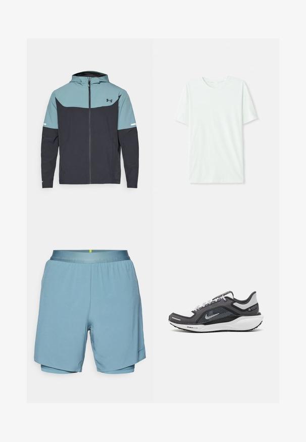 Huppari, jossa on vaaleansininen yläosa ja tummansininen alaosa. Valmistettu kevyestä kankaasta, jossa on vetoketjusuljenta ja sivutaskut.; Vihreä mintun värinen lyhythihainen t-paita, joka on valmistettu pehmeästä kankaasta. Siinä on pyöreä kaula-aukko ja yksinkertainen, suora leikkaus ilman koristeita.; Vaaleansinisiä urheilushortsit, jotka on valmistettu sileästä kankaasta. Niissä on litteä vyötärönauha ja sisäänrakennetut sisäshortsit, joissa on kontrastina keltaisia yksityiskohtia.; Musta ja harmaa urheilukenka, jossa on verkkopäällinen, heijastavat yksityiskohdat ja valkoinen välipohja. Varustettu kuvioidulla kumipohjalla ja nauhoilla.