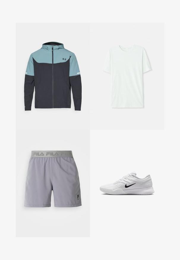Kapuutšiga jakki, millel on helesinine ülemine osa ja tume laevajöötme alane osa. Valmistatud kergest kangast, millel on lukuga sulgemine ja küljetaskud.; Heleheline mintroheline lühikeste varrukatega t-särk, mis on valmistatud pehmest kangast. Omab ümmargust kaelust ja lihtsat, sirget lõiget ilma kaunistusteta.; Heledad hallhalli tuhked hallid spordishortsid, mis on valmistatud siledast kangast, elastse vöökoha ja külje peal "FILA" brändinguga ning väikese logo plaastriga.; Valge spordijalats, millel on tekstuuriga mesh-ülemine osa, must Nike swoosh, pehmendatud krae ja kummist tald, millel on mustritrepp.