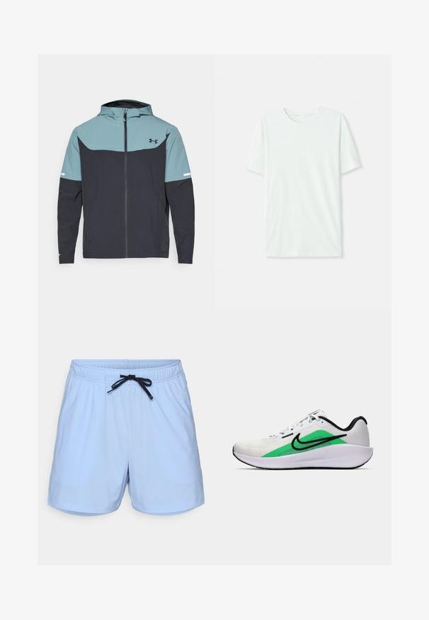 Chaqueta con capucha que presenta una sección superior azul claro y una sección inferior azul marino oscuro. Fabricada con tejido ligero, cuenta con cierre de cremallera y bolsillos laterales.; Camiseta de manga corta en verde menta claro, hecha de tela suave. Presenta un cuello redondo y un corte recto simple, sin adornos.; Bañador azul claro hecho de tejido ligero, con una cinturilla elástica con cordón negro y bolsillos laterales.; Zapatilla deportiva blanca con un acento verde, logo negro, parte superior de malla, suela acolchada y tacón redondeado. Presenta cordones y detalles en contraste.