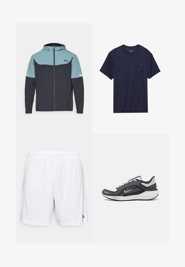 Hettejakke med en lyseblå øverste del og en mørk marineblå nedre del. Laget av lett stoff med glidelås og sidelommer.; Navy blå T-skjorte med korte ermer laget av mykt stoff, med rund hals og en liten logo på venstre bryst.; Hvit treningsshorts laget av lett materiale, med elastisk midjebånd og en svart logo aksent på nedre venstre ben.; Svart og grå atletisk sko med mesh-overdel, refleksdetaljer og hvit mellomsåle. Har strukturert gummisåle og lisser.