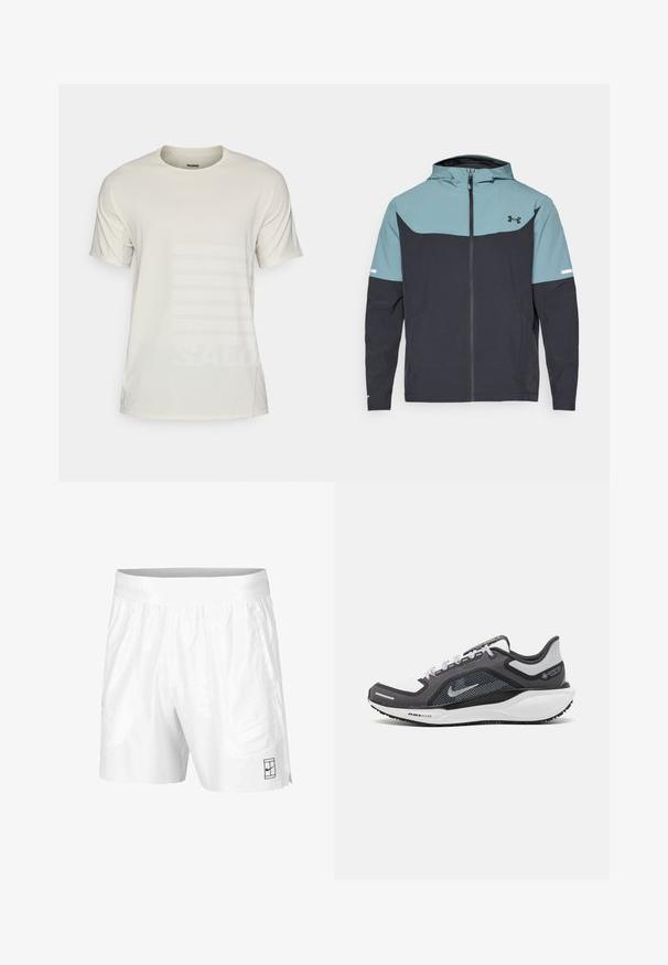 Kapuutšiga jakki, millel on helesinine ülemine osa ja tume laevajöötme alane osa. Valmistatud kergest kangast, millel on lukuga sulgemine ja küljetaskud.; Salomon SENSE TEE - Spordi T-särk - rainy day/white; Valged spordilühikesed püksid, mis on valmistatud kergest kangast, elastse vöökoha ja kahe küljetaskuga. Hemmi peal on väike must logo.; Mustern ja hallide värvusega spordijalats, millel on võrgusilmast ülemine osa, peegeldavad aktsendid ja valge vaheosa. Omab tekstuuriga kummist välisosa ja kingapaelu.