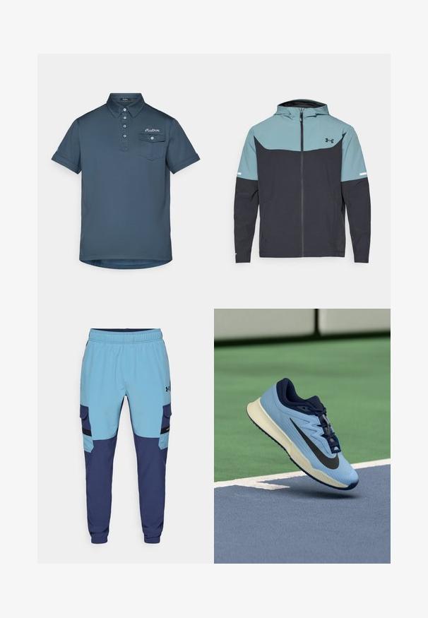 Kapuutšiga jakki, millel on helesinine ülemine osa ja tume laevajöötme alane osa. Valmistatud kergest kangast, millel on lukuga sulgemine ja küljetaskud.; Tumesinise värvusega polosärk krae ja kolme nupuga. Omab vasakul rinnal taskut ja peene logoga tikandit. Lühikesed varrukad.; Sinine ja tumesinine mugavushari elastse vöökoha, küljetaskute ja cargo stiilis aktsentidega. Valmistatud pehmest ja hingavast kangast.; Helesinine spordijalats navy aksentidega, tekstureeritud võrgupealne ja must Swoosh logo. Soolas on pehmendustega keskosa ja kummist välistald.