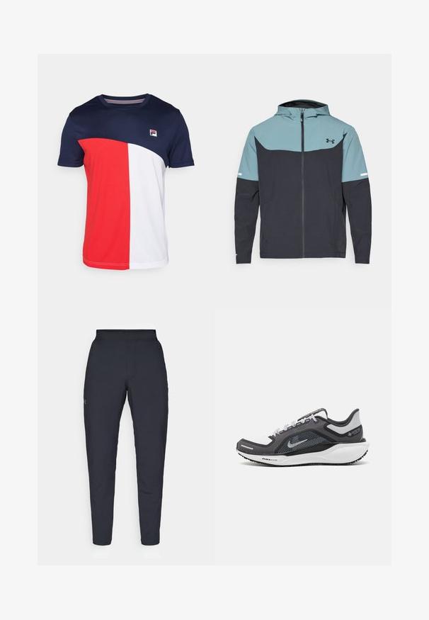 Chaqueta con capucha que presenta una sección superior azul claro y una sección inferior azul marino oscuro. Fabricada con tejido ligero, cuenta con cierre de cremallera y bolsillos laterales.; Camiseta de manga corta con bloques de color azul marino, rojo y blanco, cuello redondo y pequeño logo en el pecho. Fabricada con tela texturizada.; Pantalones deportivos negros con una textura suave, corte ajustado, cinturilla elástica y bolsillos laterales. Presentan un pequeño logo en el muslo izquierdo.; Zapatilla deportiva negro y gris con parte superior de malla, acentos reflectantes y una entresuela blanca. Presenta una suela de goma texturizada y cordones.