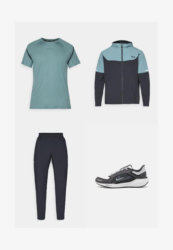 Jakna s kapuljačom koja ima svijetloplavi gornji dio i tamnoplavi donji dio. Izrađena od lagane tkanine s patent zatvaračem i bočnim džepovima.; Endless APHEX - Sportska majica - cypress; Crne sportske hlače s glatkom teksturom, uskih krojeva, elastičnim pojasom i bočnim džepovima. Imaju mali logo na lijevom bedru.; Crne i sive atletske cipele s mrežastim gornjim dijelom, reflektirajućim detaljima i bijelim među-djelom. Imaju strukturiranu gumenu potplate i vezice.