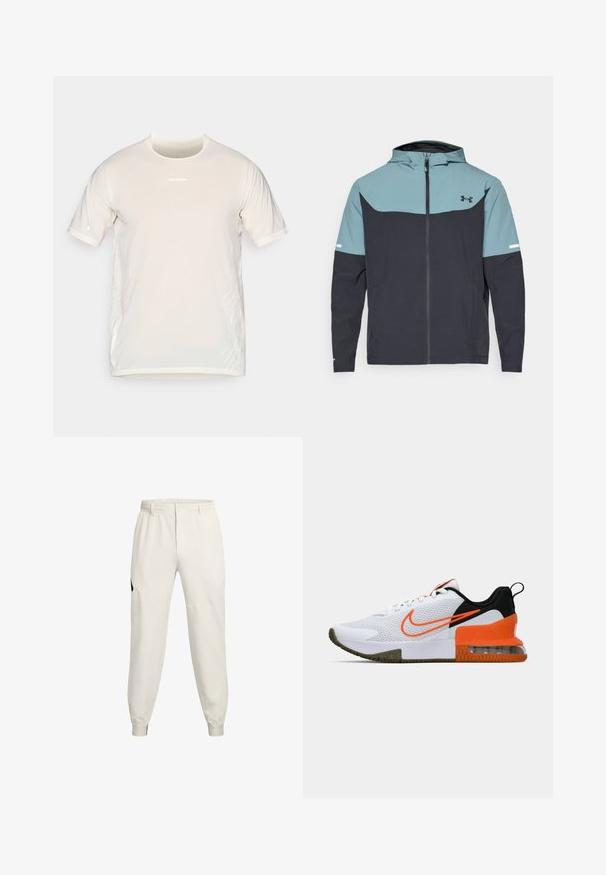 Kapsáčová bunda s kapucí, která má světle modrou horní část a tmavě námořnickou spodní část. Vyrobena z lehkého materiálu s zipovým zapínáním a bočními kapsami.; Beige sportovní tričko Salomon s krátkým rukávem, kulatým výstřihem a jemnými bílými grafickými liniemi po stranách.; Světlé béžové joggingové kalhoty s elastickým pasem, bočními kapsami a žebrovanými manžetami; mají černý logo akcent na levém bocích.; Bílé sportovní boty s textura sítové vrstvy, černými a oranžovými akcenty, silnou gumovou podrážkou a průhlednou vzduchovou výplní v oblasti paty.