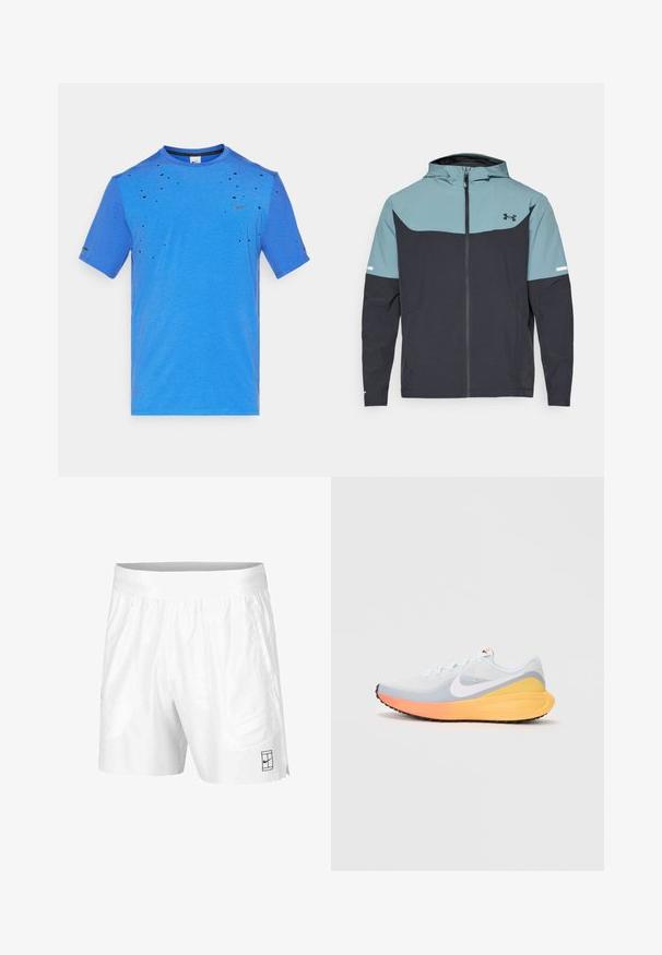 Kapuutšiga jakki, millel on helesinine ülemine osa ja tume laevajöötme alane osa. Valmistatud kergest kangast, millel on lukuga sulgemine ja küljetaskud.; Sinine lühikeste varrukatega T-särk ümmarguse kaelusega, millel on kulunud tekstuur ja väikesed augud; Nike logo rinnal ja varrukal.; Valged spordilühikesed püksid, mis on valmistatud kergest kangast, elastse vöökoha ja kahe küljetaskuga. Hemmi peal on väike must logo.; Hele sinine jooksujalanõud, millel on hingav võrgusilm. Omab valget swooshi, oranži ja kollast vaheosa ning musta tallaga, mis tagab haarduvuse.