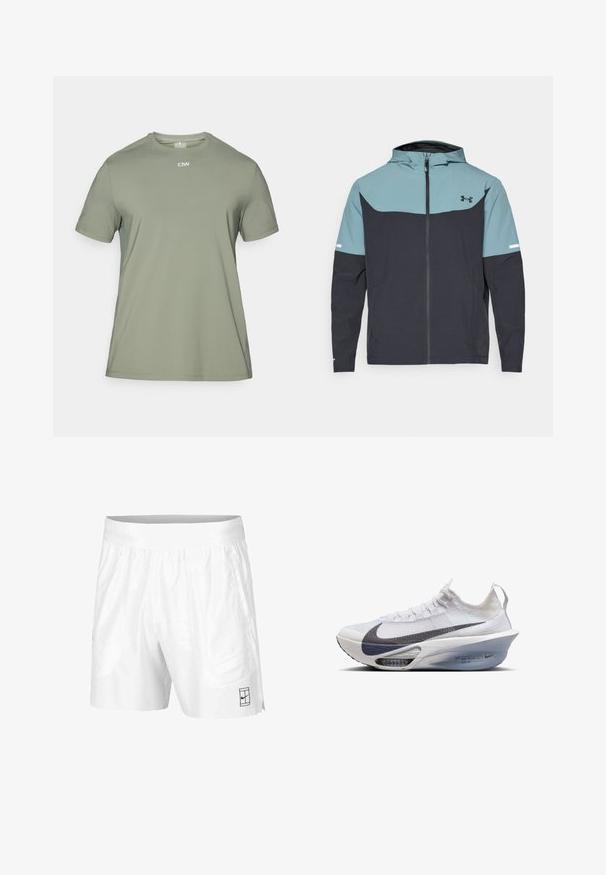 Hettejakke med en lyseblå øverste del og en mørk marineblå nedre del. Laget av lett stoff med glidelås og sidelommer.; Oliven grøn kortermet T-skjorte laget av glatt stoff. Har rund hals og subtile mesh-paneler på skuldrene.; Hvite sportsshorts laget av lettvektstoff med elastisk midjebånd, med to sidelommer og en liten svart logo på kanten.; Nike løpesko i hvitt tekstil med en grå swoosh, en strømlinjeformet form, en transparent mellomsåle og synlig luftdemping.