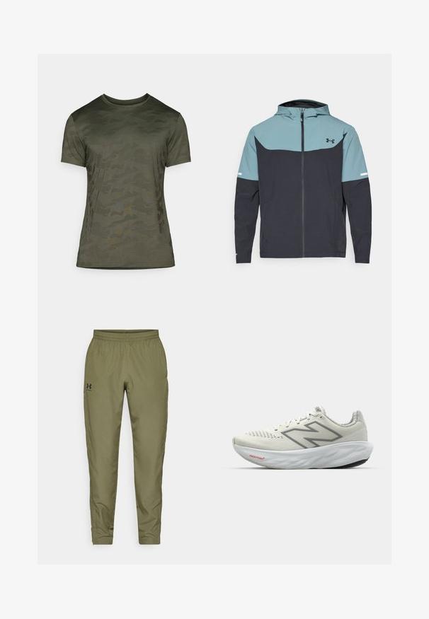 Jakna s kapuljačom koja ima svijetloplavi gornji dio i tamnoplavi donji dio. Izrađena od lagane tkanine s patent zatvaračem i bočnim džepovima.; Maslinasto zelena majica s kratkim rukavima, s diskretnim uzorkom kamuflaže. Izrađena od mekog materijala s okruglim izrezom i uskim krojem.; Maslinaste zelene atletske hlače s elastičnim pojasom, suženim nogavicama, glatkom teksturom i malim crnim logom s lijeve strane.; Trkačka obuća u bijeloj boji sivi naglasci. Mrežasti gornji dio, teksturirana podloga i istaknuti „N“ logo. Ima podstavljeni ovratnik i oznaku „Fresh Foam“.