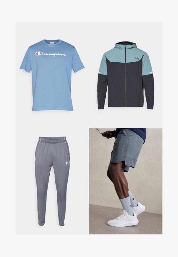 Kapsáčová bunda s kapucí, která má světle modrou horní část a tmavě námořnickou spodní část. Vyrobena z lehkého materiálu s zipovým zapínáním a bočními kapsami.; Champion ICONS CREWNECK WITH LARGE LOGO - Triko s potiskem - blue; Šedé sportovní kalhoty s elastickým pasem, postranními kapsami a bílými akcenty. Vyrobeno z hladkého, lehkého materiálu.; Bílé sportovní boty s texturovaným síťovaným svrškem, spárované se světle modrými pruhovanými ponožkami s logem. Šedé sportovní šortky s perforovaným lemem.