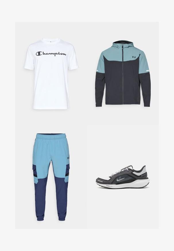 Kapsáčová bunda s kapucí, která má světle modrou horní část a tmavě námořnickou spodní část. Vyrobena z lehkého materiálu s zipovým zapínáním a bočními kapsami.; Bílá bavlněná tričko s krátkým rukávem, s černým kurzivním logem "Champion" na hrudi. Kulatý výstřih a volný střih.; Modré a námořnické tepláky s elastickým pasem, bočními kapsami a detaily v cargo stylu. Vyrobeno z měkké, prodyšné tkaniny.; Černá a šedá sportovní obuv s vrškem z prodyšné síťoviny, reflexními akcenty a bílou mezipodešví. Obsahuje texturovanou gumovou podrážku a tkaničky.