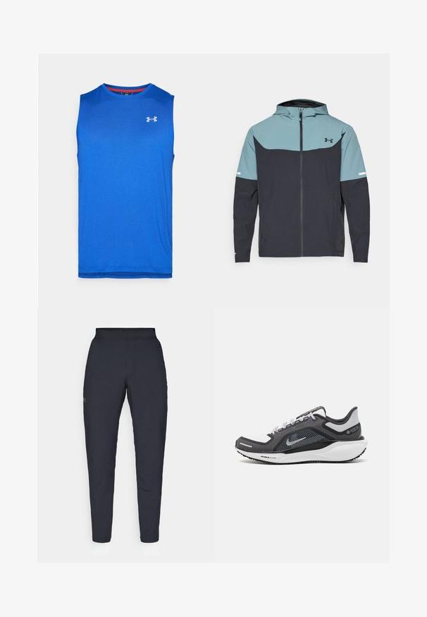 Hooded jacket featuring a light blue upper section and dark navy lower section. Made from lightweight fabric with a zip closure and side pockets.; Bright blue sleeveless athletic shirt with crew neck and small white Under Armour logo on the right chest.; Black athletic pants with a smooth texture, slim fit, elastic waistband, and side pockets. Features a small logo on the left thigh.; Black and gray athletic shoe with a mesh upper, reflective accents, and a white midsole. Features textured rubber outsole and laces.