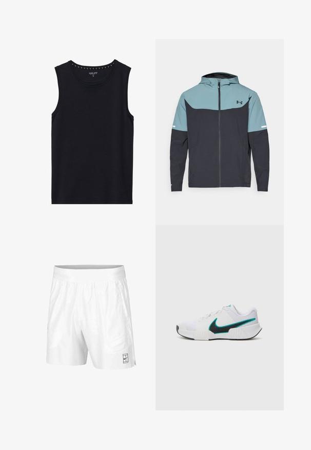 Giacca con cappuccio caratterizzata da una parte superiore azzurro chiaro e una parte inferiore blu navy scuro. Realizzata in tessuto leggero con chiusura a zip e tasche laterali.; Canottiera nera senza maniche in cotone. Presenta un colletto rotondo con dettagli di cucitura decorativa. Texture liscia, vestibilità regolare.; Pantaloni sportivi bianchi realizzati in tessuto leggero con vita elastica, dotati di due tasche laterali e un piccolo logo nero sull'orlo.; Scarpa da ginnastica bianca con tomaia in rete testurizzata, suola in gomma nera e accento teal del logo Nike. Presenta lacci e colletto imbottito.