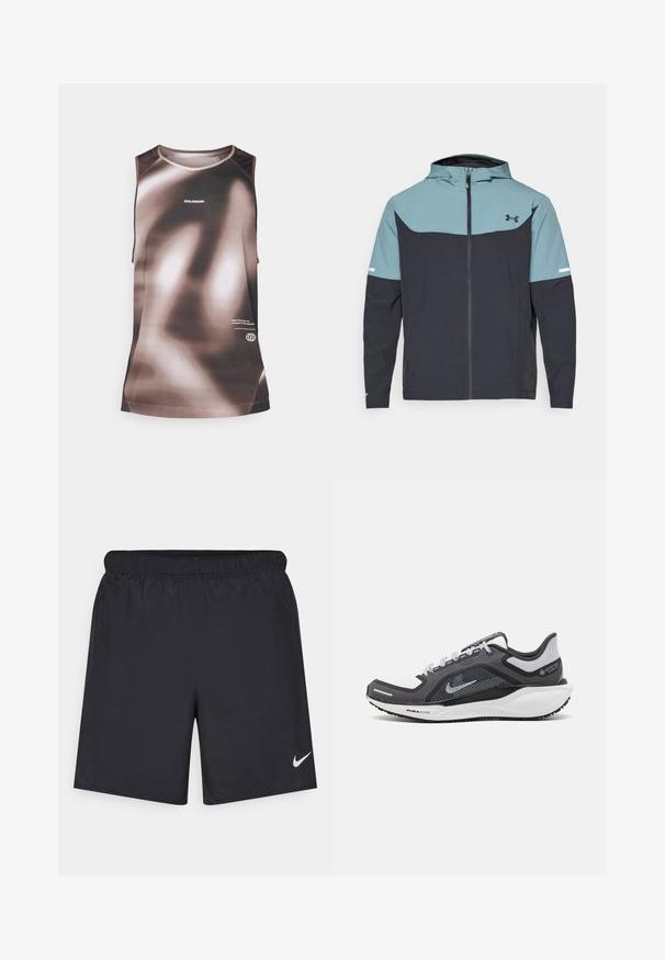 Kurtka z kapturem, z jasnoniebieską górną częścią i ciemnonawigacyjną dolną częścią. Wykonana z lekkiego materiału, z zamkiem błyskawicznym i bocznymi kieszeniami.; Top w kolorach brązowym i beżowym z gradientowym wzorem. Wykonany z materiałów syntetycznych, posiada okrągły dekolt i logo marki z przodu.; Czarne spodenki sportowe wykonane z lekkiego materiału, z elastycznym pasem. Posiadają małe białe logo Nike na dolnej lewej stronie.; Czarne i szare buty sportowe z siateczkową cholewką, odblaskowymi akcentami i białą podeszwą środkową. Posiadają teksturowaną gumową podeszwę i sznurowadła.