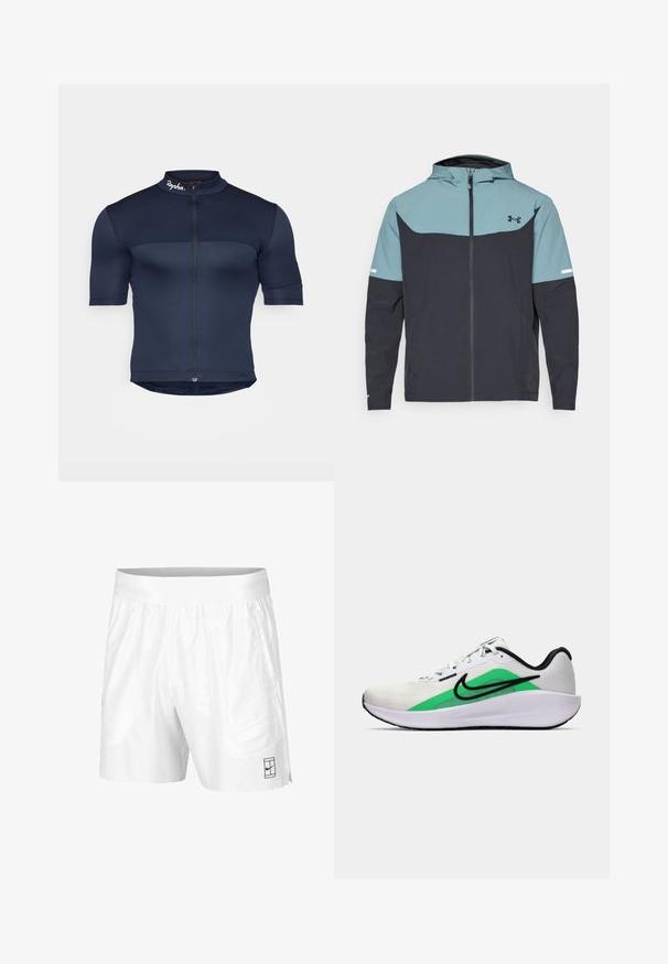 Hooded jaka ar gaiši zilu augšējo daļu un tumši zilu apakšējo daļu. Izgatavota no viegla auduma ar rāvējslēdzēju un sānu kabatām.; Tumši zils velosipēda krekls ar īsām piedurknēm, kas aprīkots ar priekšējo rāvējslēdzēju, strukturētu audumu un augstu apkakli ar mazu logotipu pie kakla.; Baltie sporta šorti, kas izgatavoti no viegla auduma, ar elastīgu jostasvītru, divām sānu kabatām un mazu melnu logo pie apakšmalas.; Balta sporta apava ar zaļu akcentu, melnu logo, sietiņu augšu, mīkstu zoli un noapaļotu papēdi. Iekļauj lences un kontrastējošas detaļas.