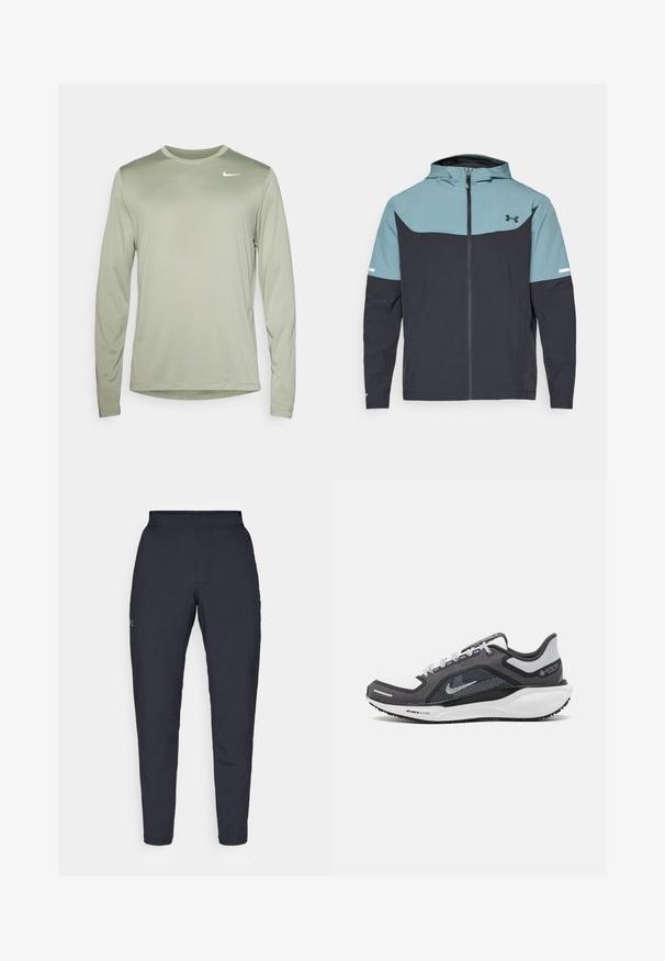 Jakna s kapuljačom koja ima svijetloplavi gornji dio i tamnoplavi donji dio. Izrađena od lagane tkanine s patent zatvaračem i bočnim džepovima.; Nike Performance TEE RESET - Top dugih rukava - jade horizon/white; Crne sportske hlače s glatkom teksturom, uskih krojeva, elastičnim pojasom i bočnim džepovima. Imaju mali logo na lijevom bedru.; Crne i sive atletske cipele s mrežastim gornjim dijelom, reflektirajućim detaljima i bijelim među-djelom. Imaju strukturiranu gumenu potplate i vezice.