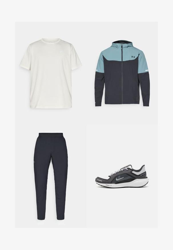 Hooded jacket featuring a light blue upper section and dark navy lower section. Made from lightweight fabric with a zip closure and side pockets.; Light-colored short-sleeve t-shirt made from soft material, featuring a round neckline and a small logo on the left chest area.; Black athletic pants with a smooth texture, slim fit, elastic waistband, and side pockets. Features a small logo on the left thigh.; Black and gray athletic shoe with a mesh upper, reflective accents, and a white midsole. Features textured rubber outsole and laces.