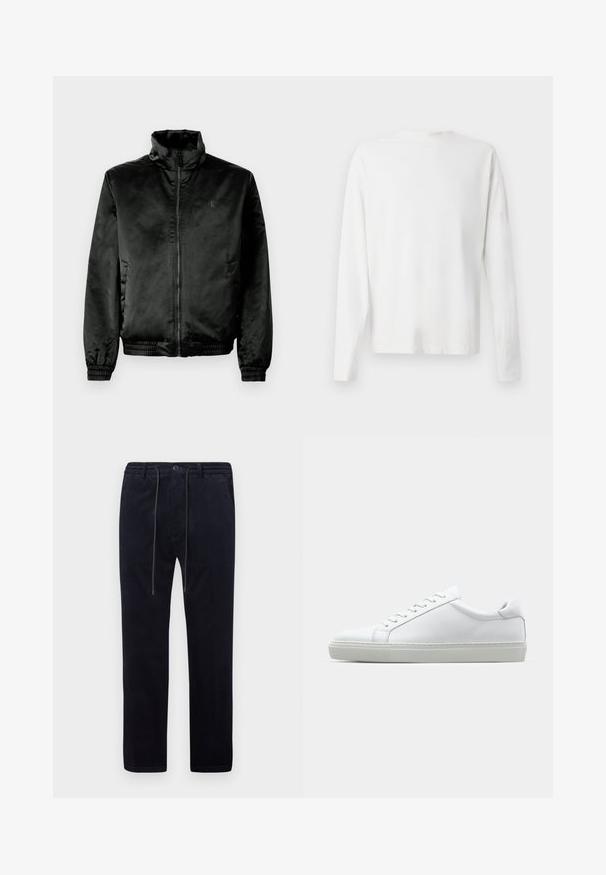 Sort bomberjakke lavet af glat, shiny stof med høj krave, lynlås foran og elastiske manchetter og kant. Minimal branding på brystet.; Langærmet hvid bomulds skjorte med rund halsudskæring, sideslids i bunden og en glat overflade, vist bagfra.; Mørkeblå corduroy bukser med en struktureret overflade, lige ben, elastisk talje, snøre og forlommer.; Hvide sneakers med en glat læderoverdel og lav profil. Har en rund tå, seks snørehuller og en tekstureret gummisål.
