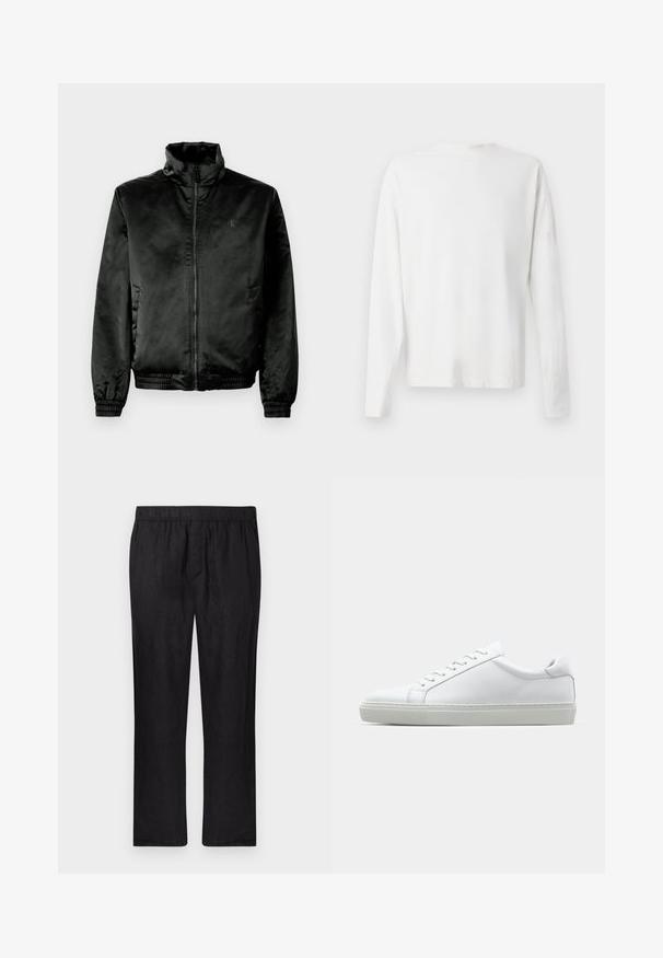 Musta pommikurkku, joka on valmistettu sileästä, kiiltävästä kankaasta. Siinä on korkea kaulus, vetoketju edessä sekä joustavat hihansuut ja helma. Minimaalinen brändäys rinnassa.; Pitkähihaisesta valkoisesta puuvillapaidasta, jossa on pyöreä pääntie, sivuhaalareita alaosassa ja sileä pinta, näkyy takaa.; Mustat pellavahousut, joissa on joustava vyötärönauha ja suoralahkeinen malli. Kevyt kangas, sileä pinta, ilman näkyviä kuvioita tai koristeita.; Valkoinen tennari, jossa on sileä nahkapäällinen ja matala profiili. Ominaisuuksiin kuuluu pyöreä kärki, kuusi rei'itystä ja teksturoitu kumipohja.